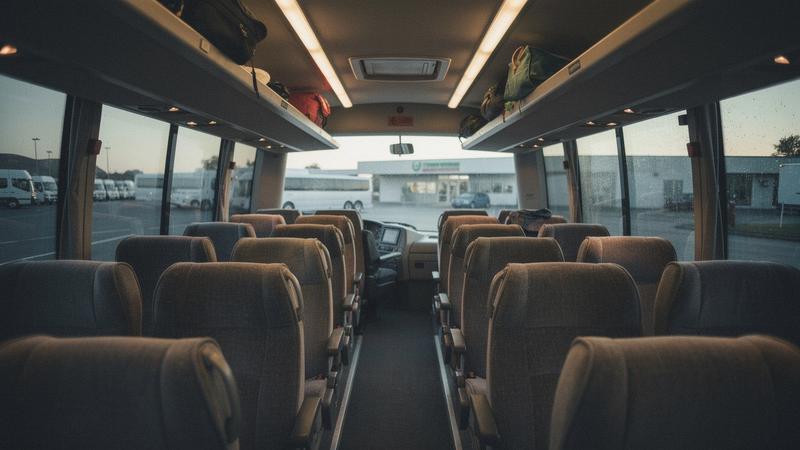 Interior of a tour coach at a morning departure stop, seats and luggage racks in view